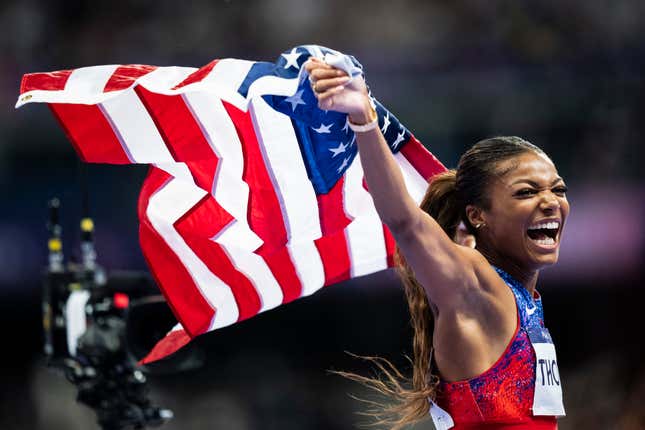 Gabrielle Thomas, of the United States, reacts after crossing the finish line first to win gold in the women’s 200 meters final at the 2024 Summer Olympics, in Saint-Denis, France, on Tuesday, Aug 06, 2024.