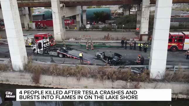 A screenshot of a news report about a Tesla that caught fire. 