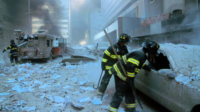 Firefighters in the aftermath of the 9/11 attacks in New York City.
