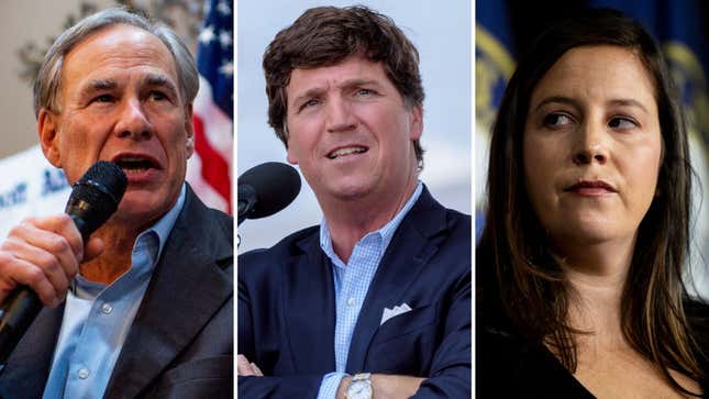 L-R: Texas Gov. Greg Abbott, Tucker Carlson, Rep. Elise Stefanik (R-NY)