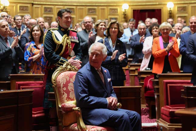 French lawmakers from both the upper and the lower house of parliament applaud Britain&#39;s King Charles III before his address at the French Senate, Thursday, Sept. 21, 2023 in Paris. King Charles III will later meet with sports groups in the northern suburbs of Paris and pay a visit to fire-damaged Notre-Dame cathedral Thursday, on the second day of his state visit to France.( Emmanuel Dunand, Pool via AP)