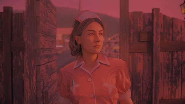 A young woman in waitress garb walks through a door in a wooden fence.