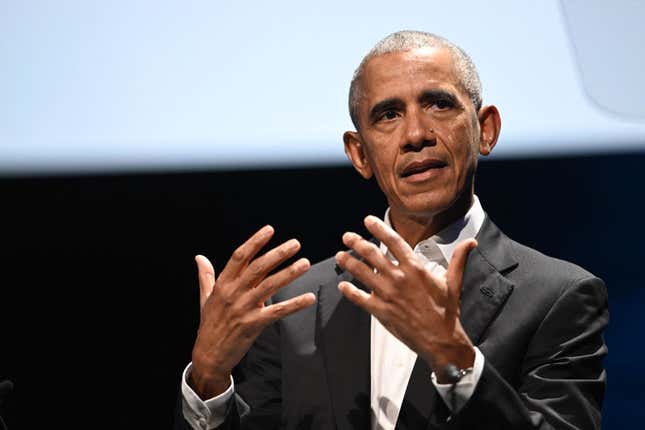 Former U.S. President Barack Obama speaks during the Copenhagen Democracy Summit at The Royal Danish Playhouse (Skuespilhuset) in Copenhagen, on June 10. 2022