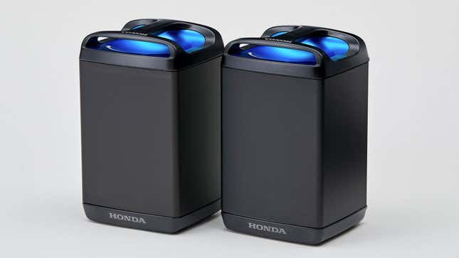 A photo of two Honda swappable battery packs.