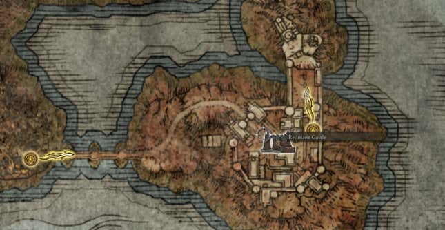 Une capture d'écran de la carte d'Elden Ring montrant le château de Redmane en surbrillance.