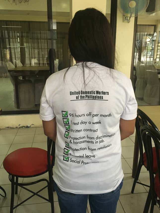 A Filipino domestic worker&#039;s t-shirt with domestic workers rights