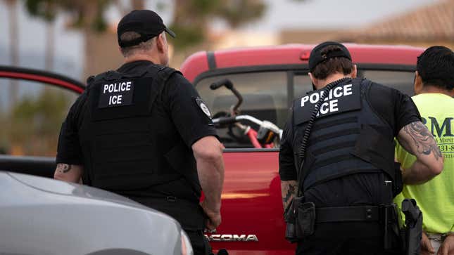U.S. Immigration and Customs Enforcement officers conducting an arrest in Escondido, California, in July 2019; used here as stock photo.