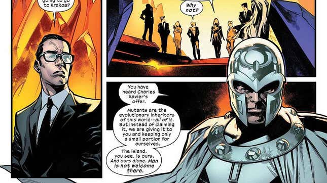 Magneto discusses the island nation of Krakoa with a government agent