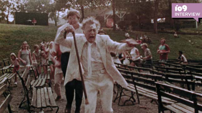 An elderly man (Lincoln Maazel) runs from a crowd in George A. Romero's "lost" film, The Amusement Park.