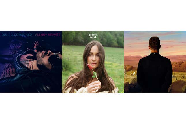 This combination of album covers shows, from left, &quot;Blue Electric Light&quot; by Lenny Kravitz, &quot;Deeper Well&quot; by Kacey Musgraves,&quot; and Everything I Thought It Was&quot; by Justin Timberlake. (BMG/Interscope/RCA via AP)