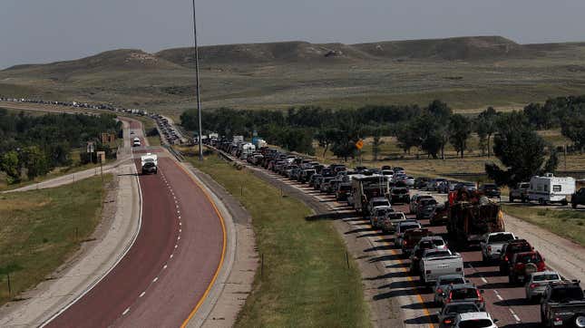 Traffic backs up on Highway 25 leaving Casper on August 21, 2017 in Orin, Wyoming.