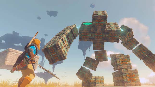 Link braces for an attack from a large boss made of boxes.