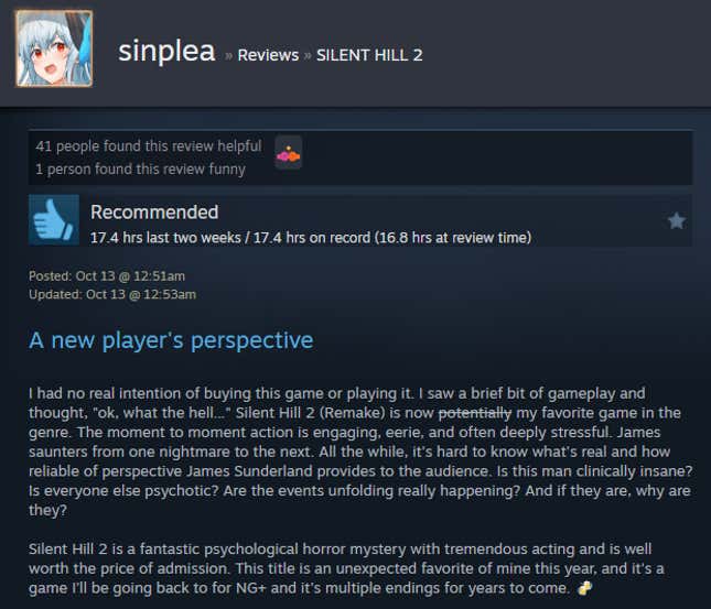 Image for article titled Silent Hill 2 Remake, As Told By Steam Reviews