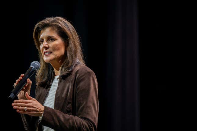 AIKEN, SOUTH CAROLINA - FEBRUARY 05: Republican presidential candidate, former U.N. Ambassador Nikki Haley speaks during a campaign rally at the University of South Carolina - Aiken on February 05, 2024 in Aiken, South Carolina. The former South Carolina governor continues campaigning across her home state in the race against former President Donald Trump ahead of the state’s Republican primary on February 24. 