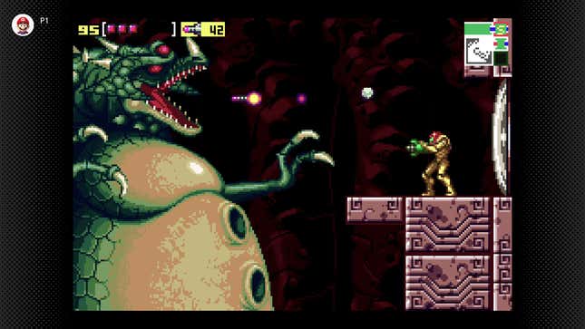 Samus fights a giant alien. 