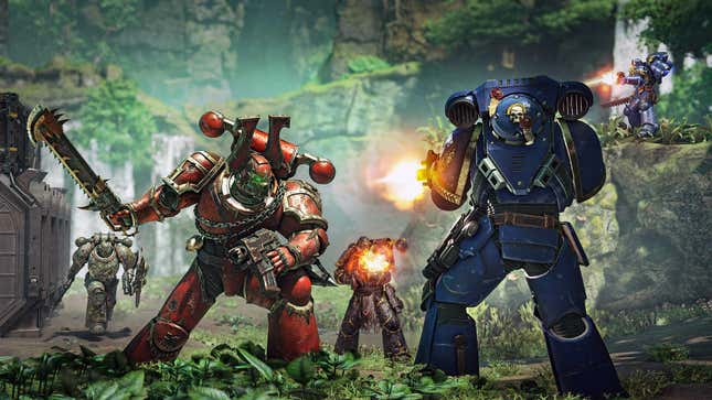 A screenshot shows space marines fighting in Space Marine 2. 