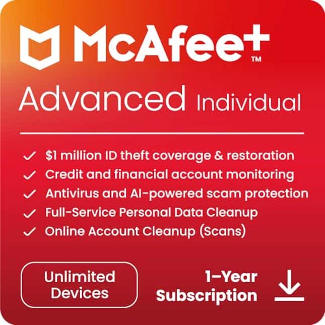 Image for article titled McAfee+ Advanced Individual 2024 Ready | Unlimited Devices | Advanced Identity and Privacy Protection | 1 Year Subscription | Download, Now 70% Off