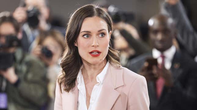 Sanna Marin, leader of the Social Democrats, speaks to members of the media after an early vote tally at the Parliament Building in Helsinki, Finland, on Sunday, April 2, 2023.