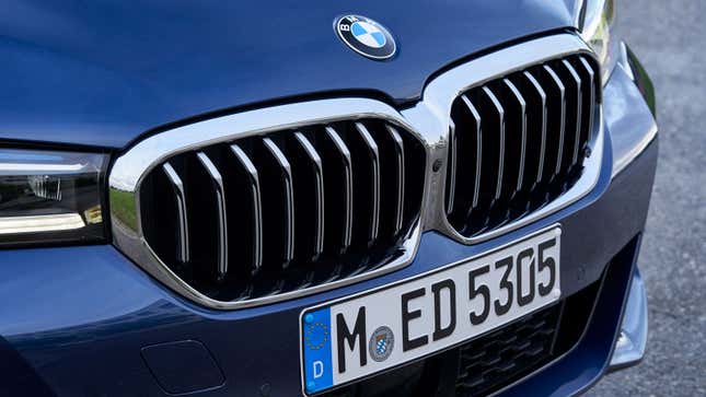 A photo of the grille on a BMW sedan. 