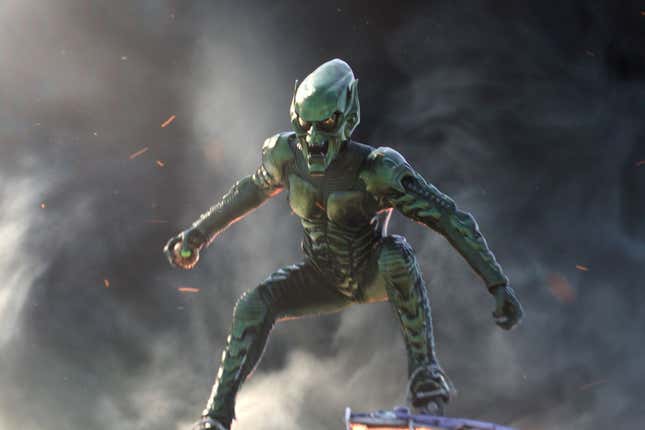 Willem Dafoe as Green Goblin on his glider in Spider-Man: No Way Home.