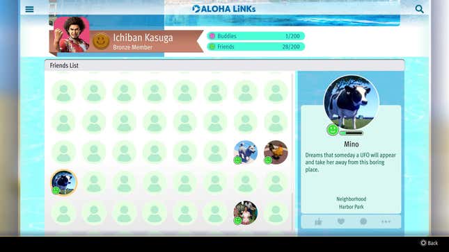 A screenshot shows Kasuga's friend list with a cow named Mino who wishes to be taken away by a UFO because she's bored.