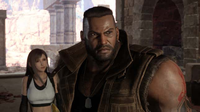 Barret looks just off camera while Tifa stands behind him.