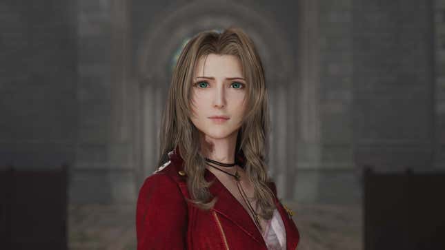 Aerith stands in the middle of a church.