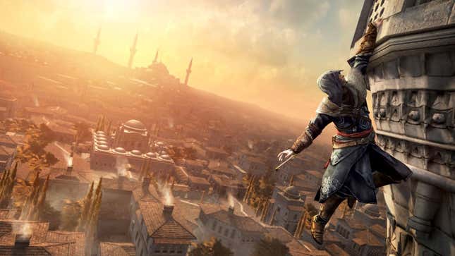 A cloaked man hangs precariously from a tower by one hand, a massive city stretching out beneath him.