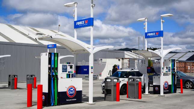A photo of a filling station forecourt in New Zealand. 