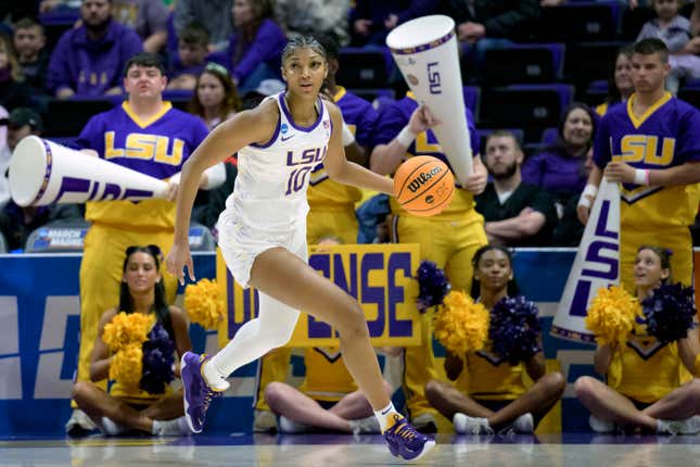 FILE - LSU forward Angel Reese (10) dribbles during a first-round college basketball game in the women&#39;s NCAA Tournament in Baton Rouge, La., Friday, March 17, 2023. Coming off the school&#39;s first NCAA women&#39;s basketball championship, LSU is ranked No. 1 in the AP Top 25 preseason women&#39;s basketball poll, released Tuesday, Oct. 17, 2023. There&#39;s clearly a lot of optimism around LSU as they return a stellar group, including Angel Reese and added two huge transfers with Hailey Van Lith and Aneesah Morrow.(AP Photo/Matthew Hinton, File)