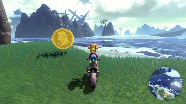 Princess Peach rides a motorcycle near the shore.
