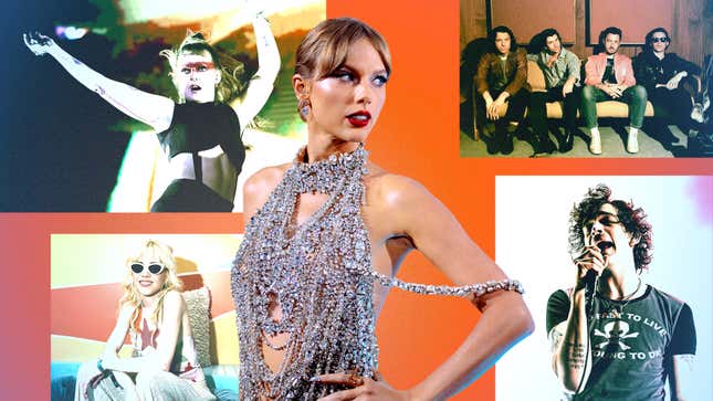 Clockwork from bottom left: Carly Rae Jepsen (Photo: Roger Kisby/Getty Images for YouTube); Tove Lo  (Photo: Kevin Winter/Getty Images for Coachella); Taylor Swift (Photo:Catherine Powell/Getty Images for MTV/Paramount Global); Arctic Monkeys (Photo: Zackery Michael); and Matt Healy of the 1975 (Photo: Mackenzie Sweetnam/Getty Images) 