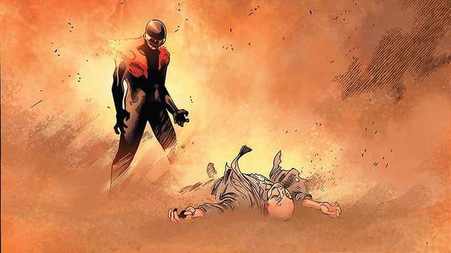 Cyclops stands over the dead body of Charles Xavier
