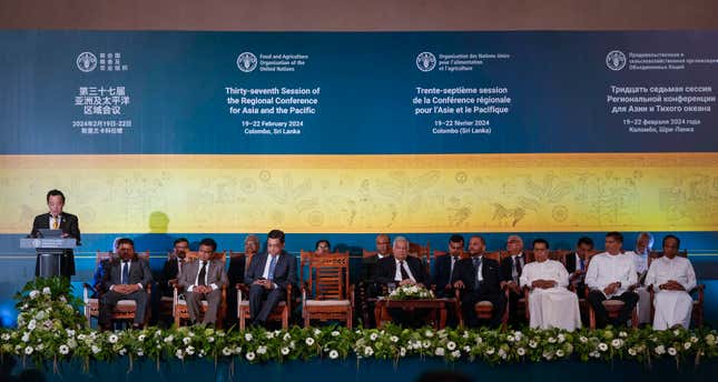 UN Food and Agriculture Organization (FAO) Director-General QU Dongyu, speaks during the 37th Session of the FAO Regional Conference for Asia and the Pacific in Colombo, Sri Lanka, Tuesday, Feb. 20, 2024. (AP Photo/Eranga Jayawardena)