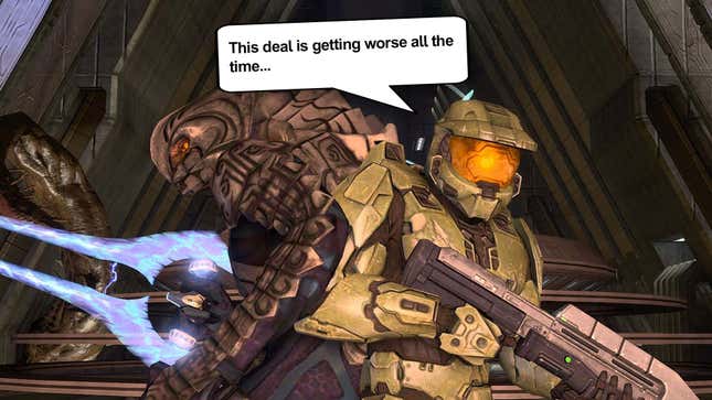 Master Chief and the Arbiter balk at the latest Game Pass changes. 