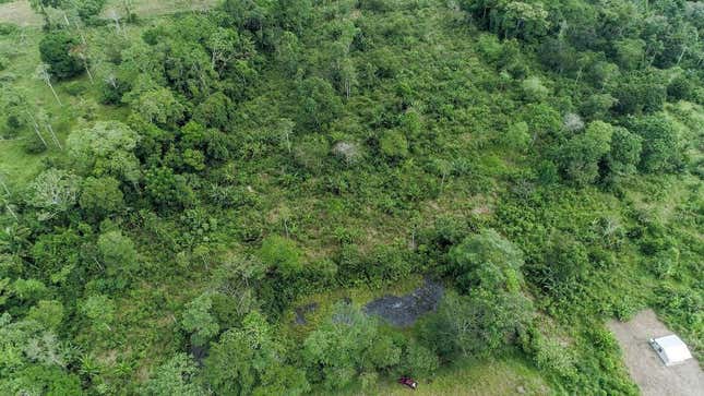 Aerial picture taken with a drone on September 25, 2017 showing a residual pool from a now abandoned oil well which was exploited by Texaco between 1964 and 1990, in Shushufindi, in the Ecuadorean Amazon forest. - A group of Canadian indigenous leaders and US activists toured contaminated areas of Ecuador's Amazonia on Monday, where the US oil company Chevron, which bought Texaco in 2001, was sentenced to pay 9.5 billion USD in compensation for the environmental damages. 