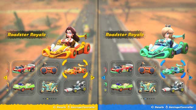 Pauline and Rosalina in orange and turquoise Roadster Royales.