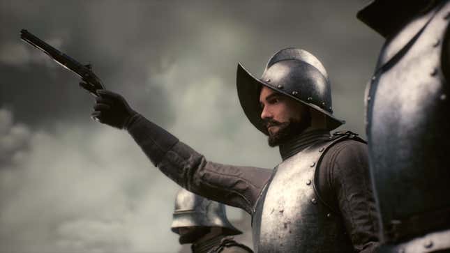 A conquistador points a gun.