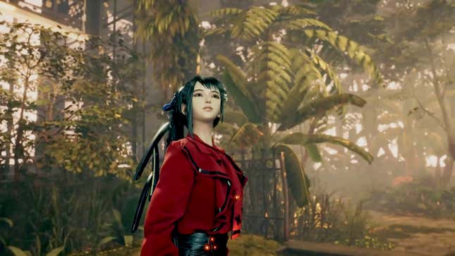 Stellar Blade protagonist Eve looks up at a lush garden full of gorgeous plants and verdant trees. 