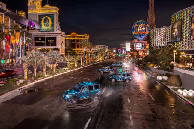 Four camouflaged Mercedes G-Classes on the Las Vegas strip