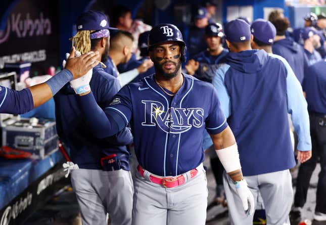 TORONTO, ON - SEPTEMBER 29:  Yandy Diaz #2 of the Tampa Bay Rays celebrates a two-run home run in the sixth inning against the Toronto Blue Jays at Rogers Centre on September 29, 2023 in Toronto, Ontario, Canada.  (Photo by Vaughn Ridley/Getty Images)