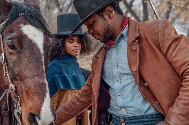 Zazie Beetz (left) and Jonathan Majors star in the decidedly Black “The Harder They Fall.”
