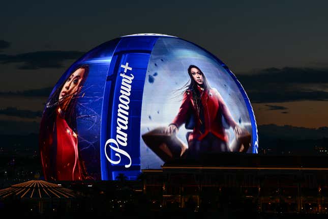 Paramount+ streaming service logo is displayed on the Sphere arena in Las Vegas, Nevada