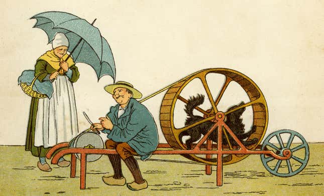 Knife-grinder of Caen using a dog to power his machine. Dog walks round and round the wheel. 1882.
