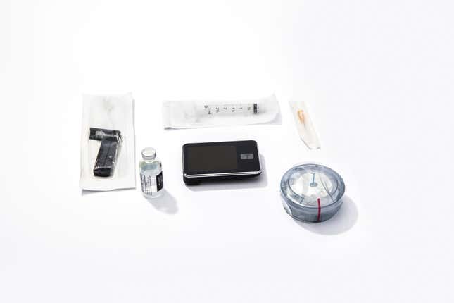 Supplies for type-1 diabetes management, including insulin pump, insulin vial, syringe, needle, insulin cartridge, and infusion site applicator. 
