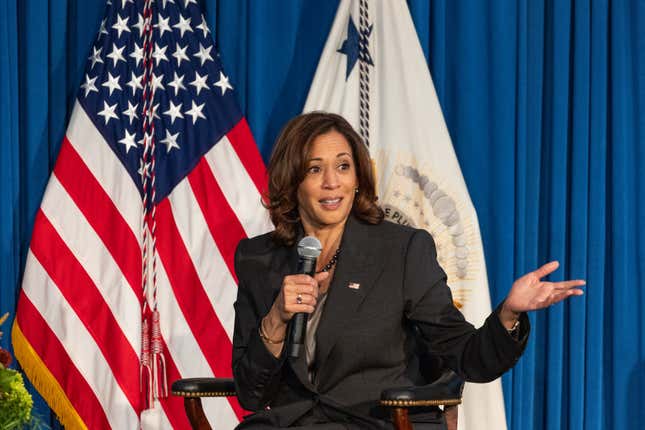 AUSTIN, TEXAS - OCTOBER 08: Vice President Harris joins NARAL Pro-Choice America President, Mini Timmaraju and Groundswell Fund Senior Capacity Building Director, Julieta Garibay for a moderated discussion on reproductive rights at LBJ Presidential Library on October 08, 2022 in Austin, Texas.