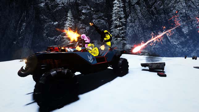 Spartans fire from a Warthog while racing across snowy terrain.
