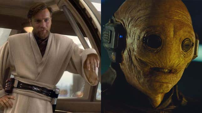 Ewan McGregor relaxes as Obi-Wan Kenobi in Star Wars: Revenge of the Sith, next to Ochi of Bestoon as he appears in Star Wars: The Rise of Skywalker.