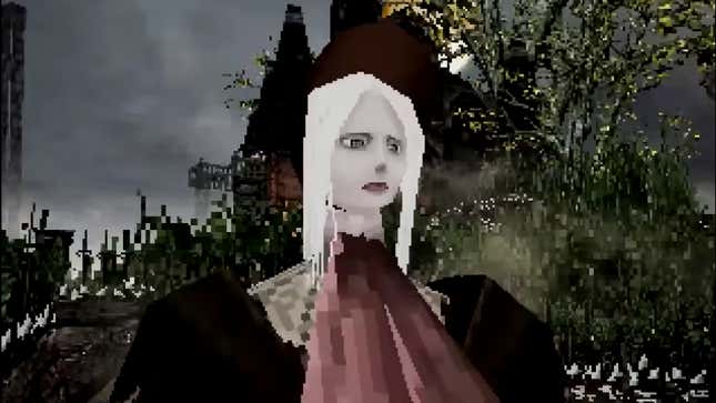 A PS1-rendered version of The Doll looks solemnly at something off screen in Lilith Walther's Bloodborne Kart.