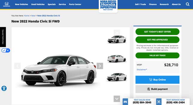 Image for article titled The 2022 Honda Civic Si Joins The Dealer Markup Circus